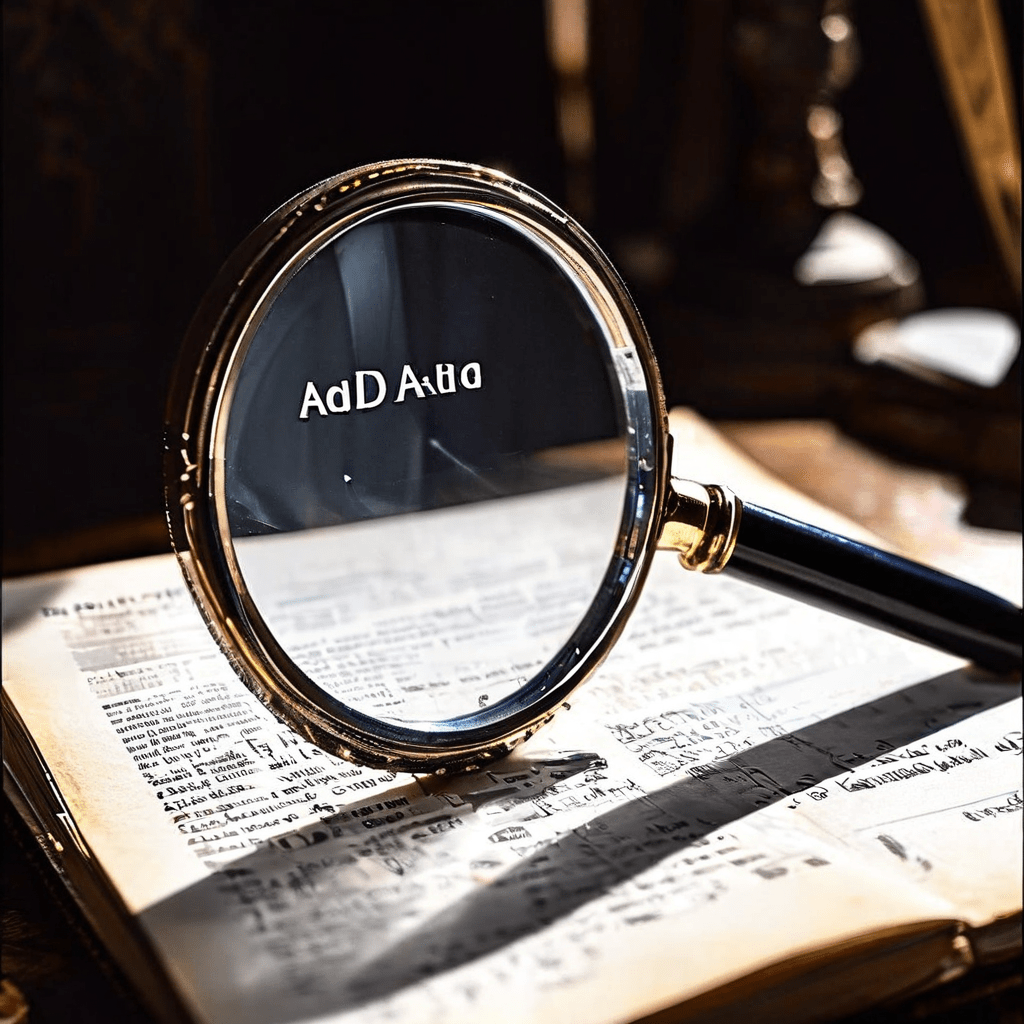 검색 결과 페이지 위에 놓인 돋보기가 '광고'라고 표시된 최상단 결과를 유혹적인 빛으로 강조하면서도 아래로는 불길한 그림자를 드리우고 있는 모습을 표현한 이미지입니다.