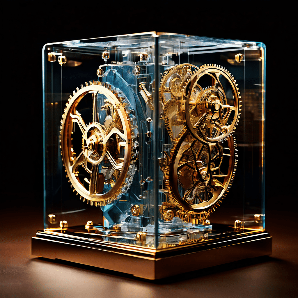 투명한 유리 큐브 속에 정교하게 맞물려 움직이는 톱니바퀴 시계 장치를 담아 사용자와 시스템 간 투명하고 신뢰할 수 있는 디지털 프로세스를 상징적으로 표현한 이미지입니다.
