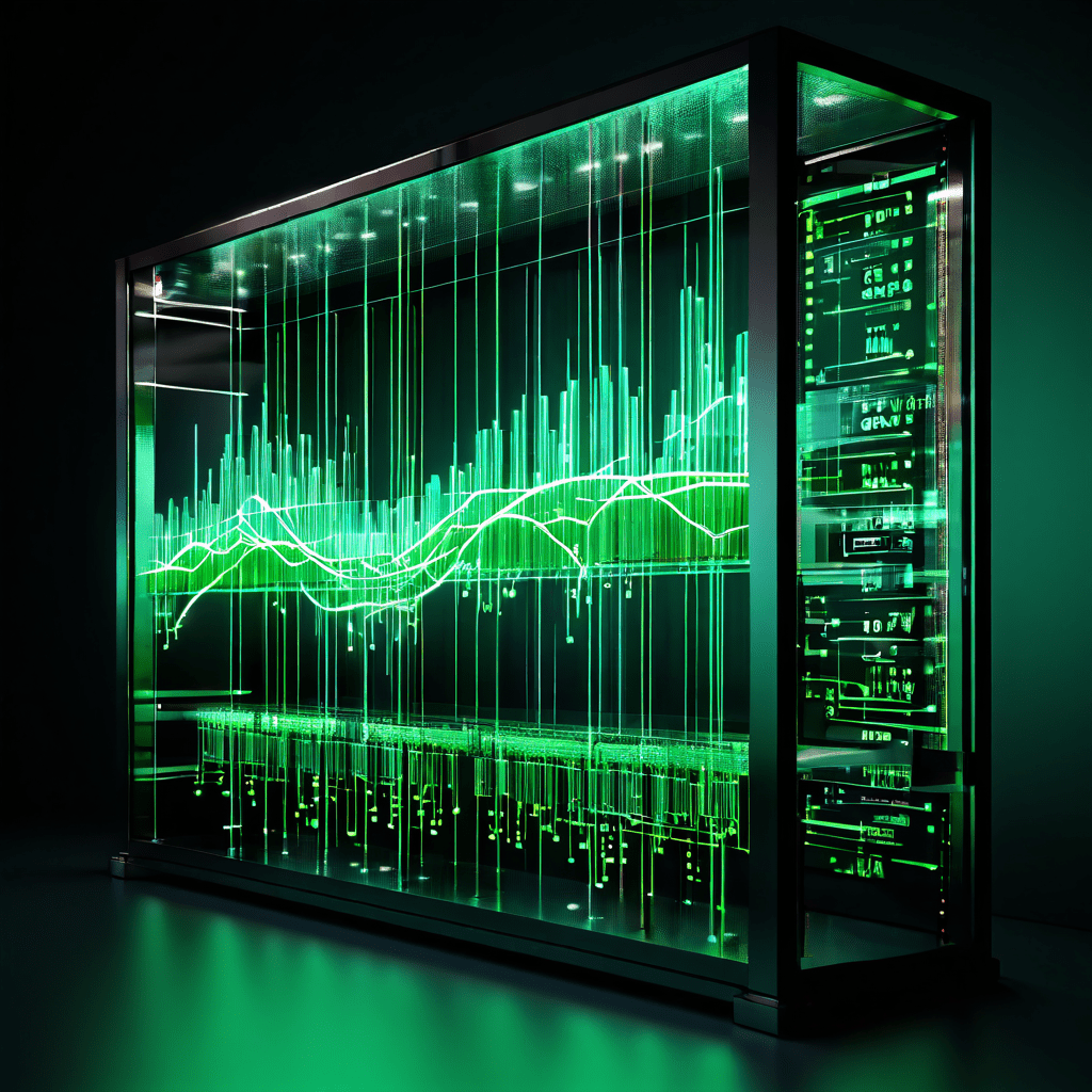 투명한 서버 랙 내부를 흐르는 안정적인 녹색 데이터 스트림과 지속적인 가동 시간을 나타내는 차트가 함께 배치된 고가용성 데이터 센터 인프라를 시각화한 이미지입니다.