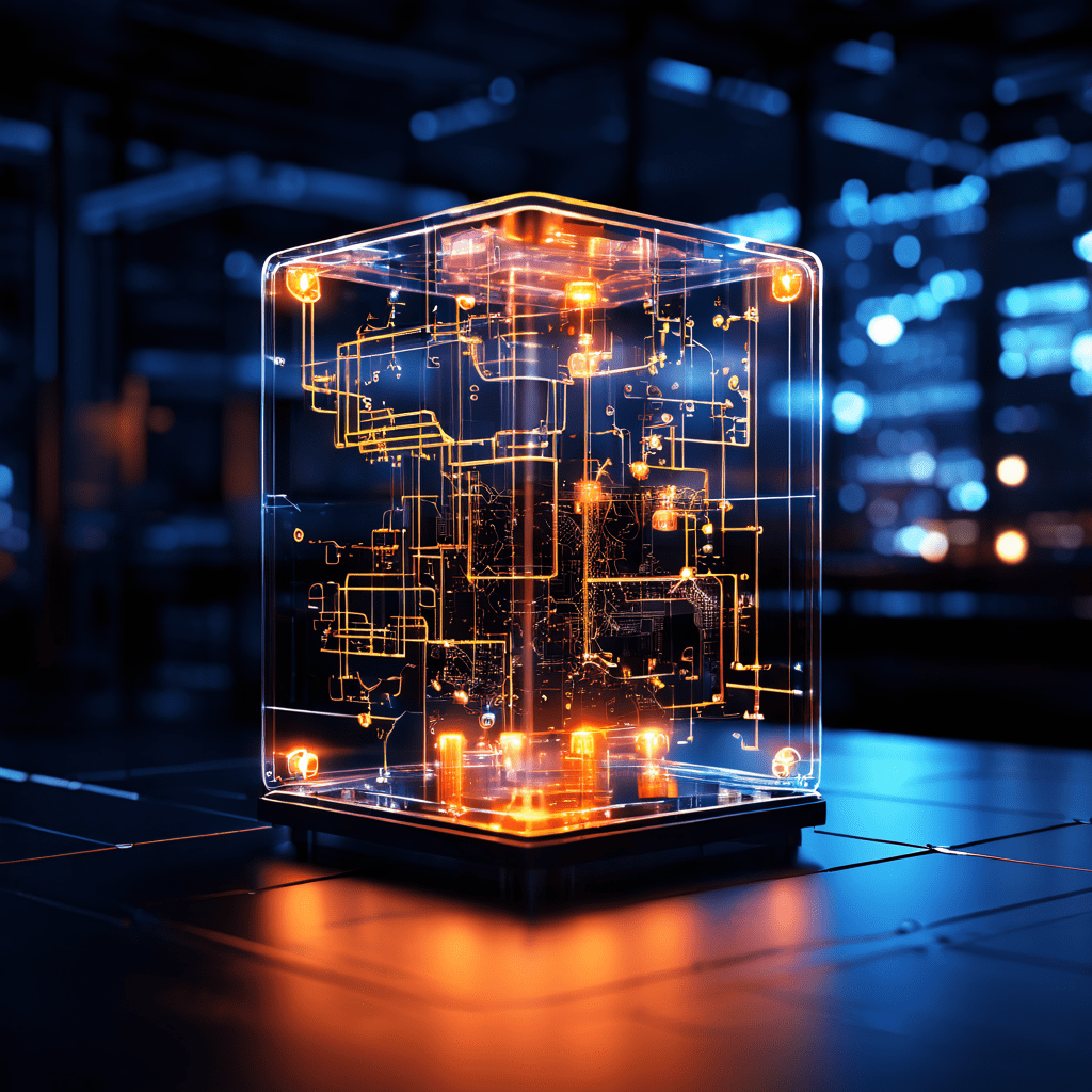 정밀한 로봇 팔이 어두운 설계도 배경 앞에서 복잡하게 빛나는 회로 같은 경로가 내부에 새겨진 투명 큐브를 조립하고 있는 첨단 제조 기술의 세부 과정을 보여주는 이미지입니다.