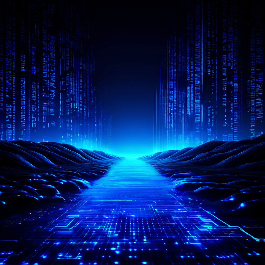 진행률 표시줄이 푸른 빛을 내며 전진하는 모습을 시각화한 이미지로, 데이터 패킷과 코드가 디지털 강처럼 그 아래를 흐르며 시스템 처리 과정을 상징합니다.