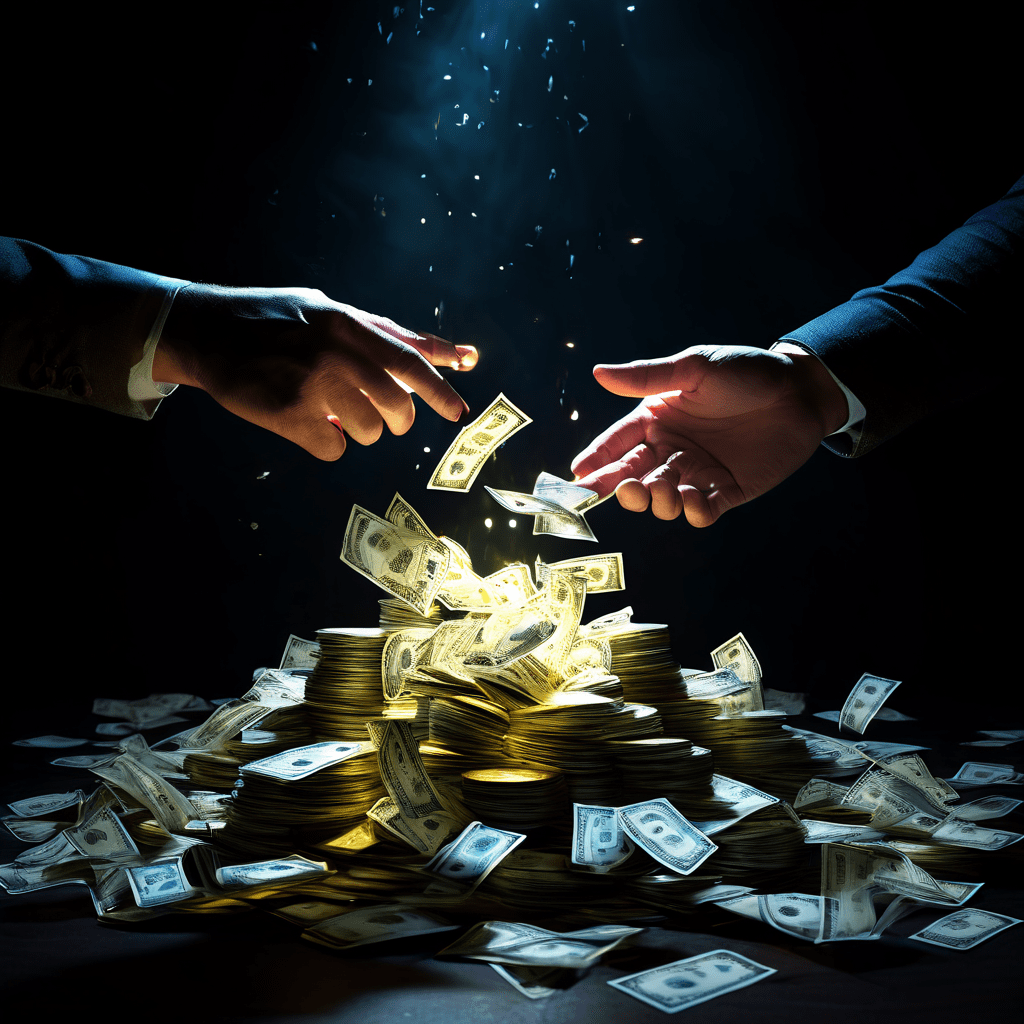 유혹과 위험이 공존하는 재정적 결정의 순간을 상징적으로 묘사한 이미지로, 빛나는 현금 더미를 향해 뻗은 손과 그 주변에 숨겨진 날카로운 곰덫이 함께 보입니다.