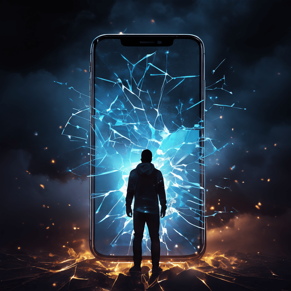 개인정보 유출의 위험성을 상징적으로 표현한 이미지로, 금이 간 스마트폰에서 빛나는 데이터 파편이 새어나와 고민에 잠긴 사람의 실루엣 위에 어두운 구름을 형성하는 모습을 묘사하고 있습니다.