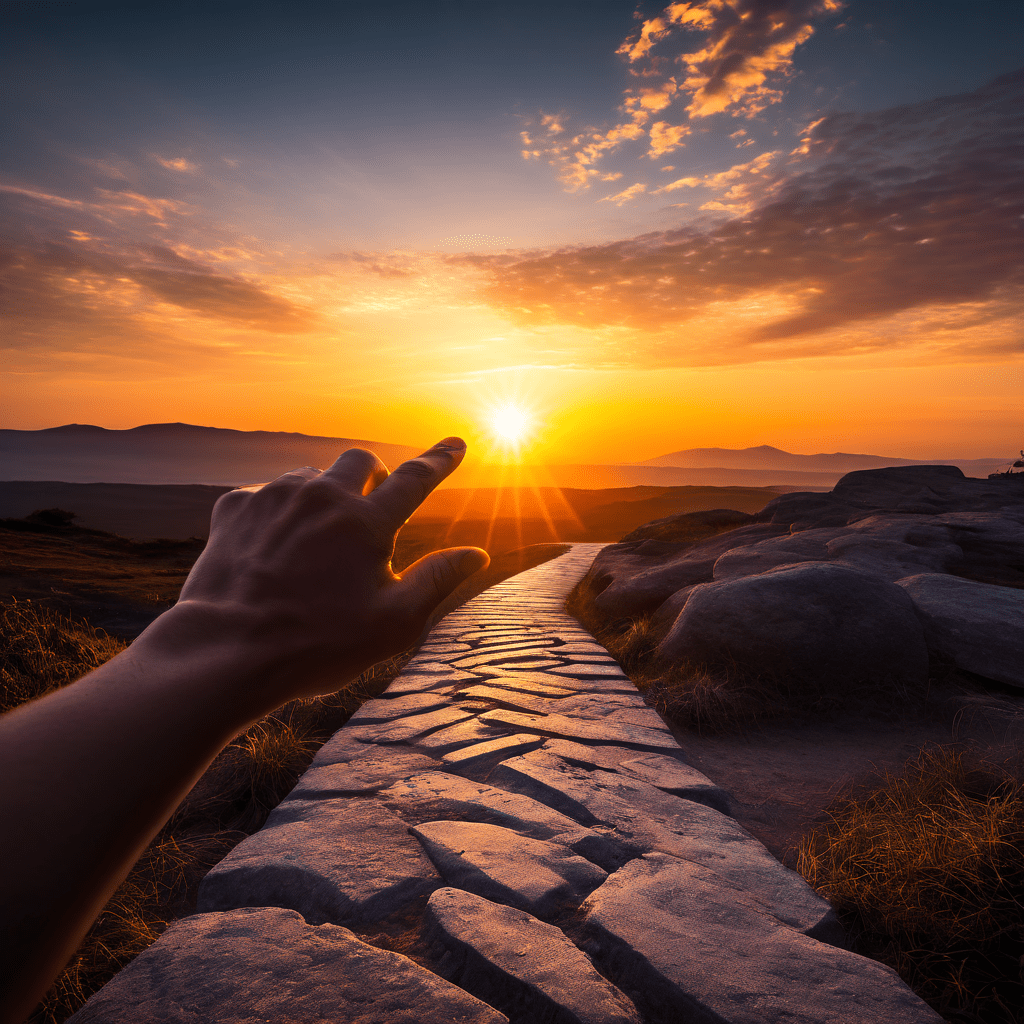 새로운 디지털 여정의 시작을 상징하며 초기 단계의 길 위에 단단한 초석 하나를 손이 정성스럽게 놓고 있는 모습을 포착한 이미지입니다.