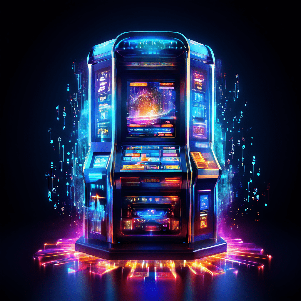 새로운 플랫폼의 핵심 메커니즘과 정보의 가치를 상징적으로 표현한, 데이터 스트림이 넘쳐나는 빛나는 디지털 잭팟 머신을 묘사한 이미지입니다.