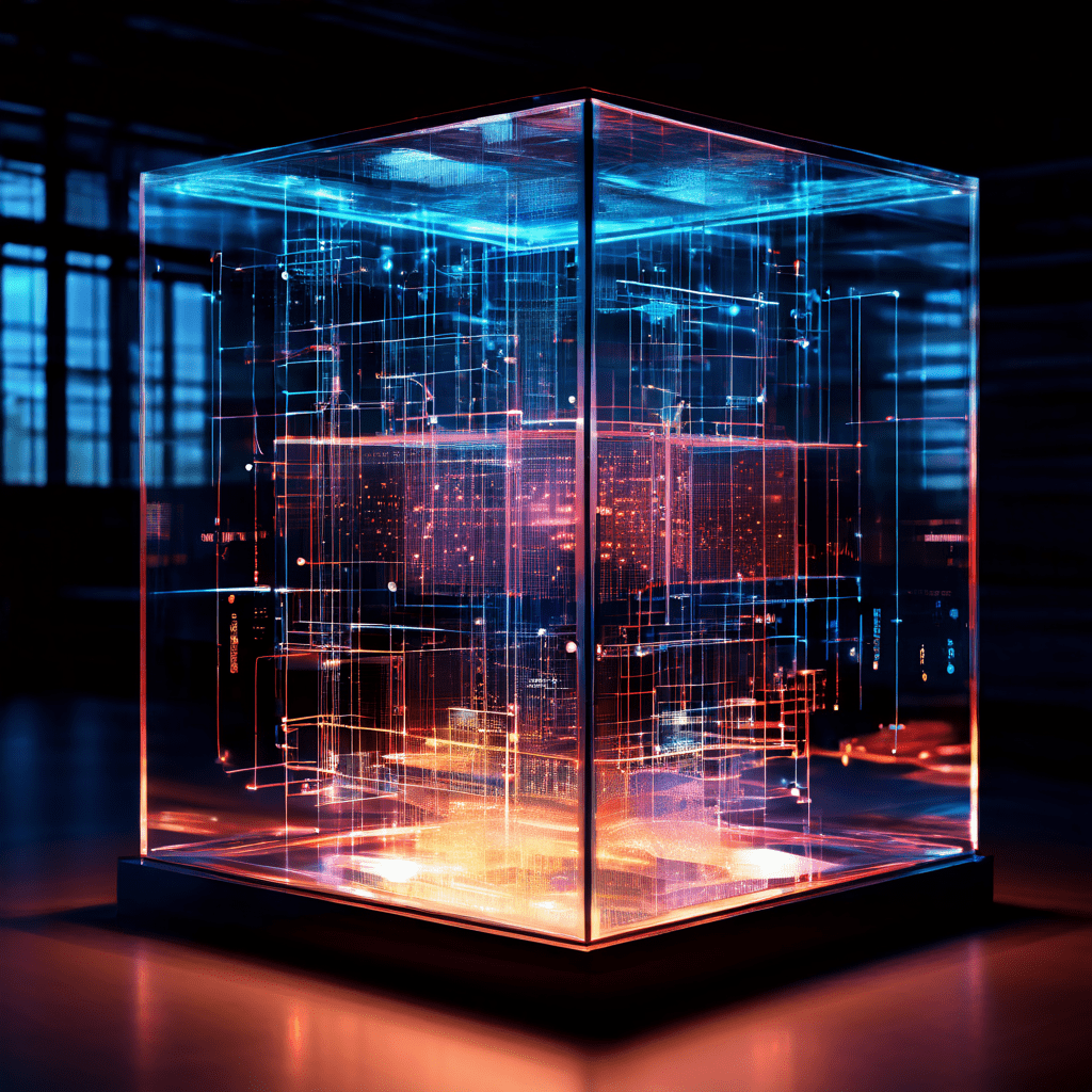 투명한 유리 큐브 속에서 정책 문서와 복잡한 데이터 흐름이 선명하게 보여지는 이미지로, 디지털 거버넌스의 투명성과 정보 구조를 시각적으로 표현합니다.