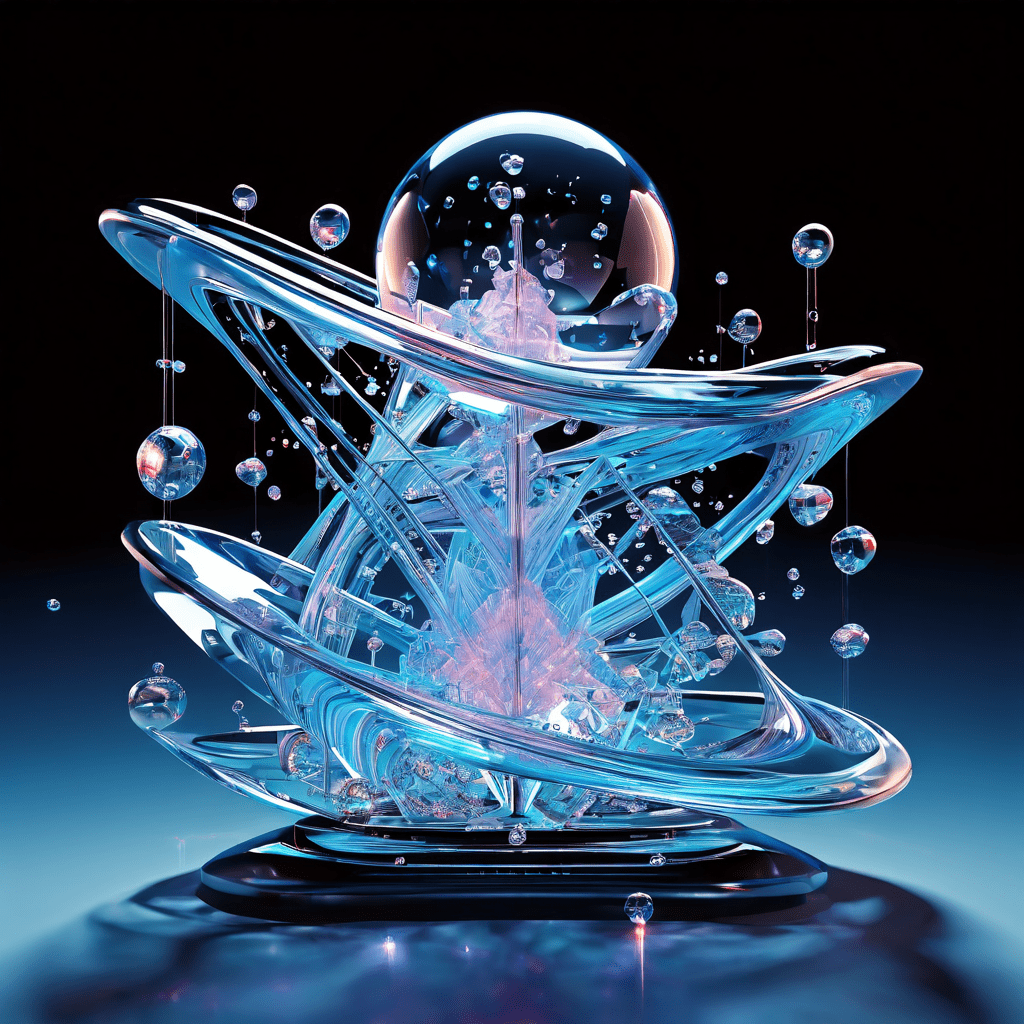 유동적인 디지털 흐름과 기하학적 결정 구조가 완벽한 균형을 이루며 공존하는 개념을 시각적으로 표현한 이미지로, 역동성과 안정성의 조화를 상징합니다.