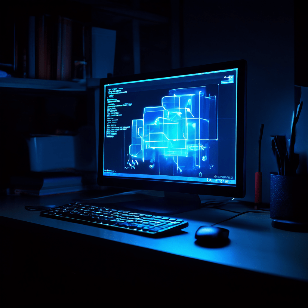 어두운 공간에서 컴퓨터 화면의 밝기 슬라이더를 조절하며 눈부심 감지 경고 알림이 나타나는 장면을 보여주는 이미지입니다.