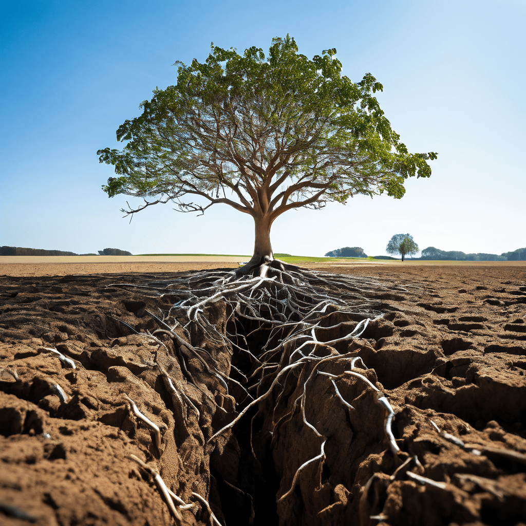 기업의 거대한 웹사이트 나무가 건강한 뿌리는 적고 많은 자회사로 표시된 가느다란 시든 가지를 가진 채 갈라진 토양에서 성장에 어려움을 겪는 모습을 상징적으로 묘사한 일러스트입니다.