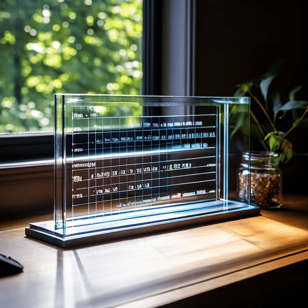 투명한 유리창 너머로 책상 위에 놓인 단정하게 기록된 회계 장부가 정확한 숫자와 함께 깨끗하게 정리된 모습을 보여줍니다.