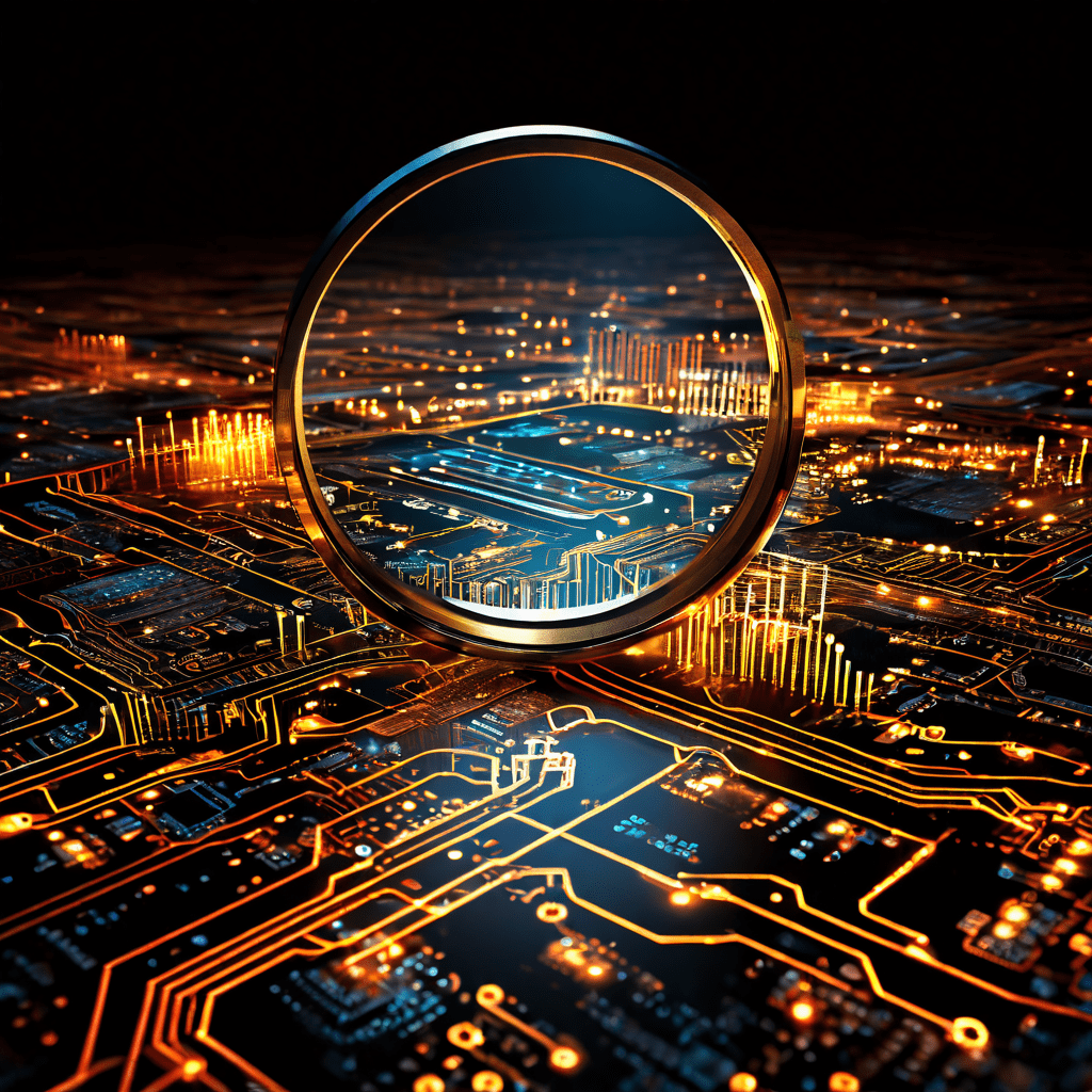 데이터 분석이나 사이버 보안 개념을 상징하는 복잡한 디지털 회로 기판 위에서 확대경이 정형화된 선들 사이의 불규칙하게 빛나는 데이터 패턴을 집중적으로 비추고 있습니다.