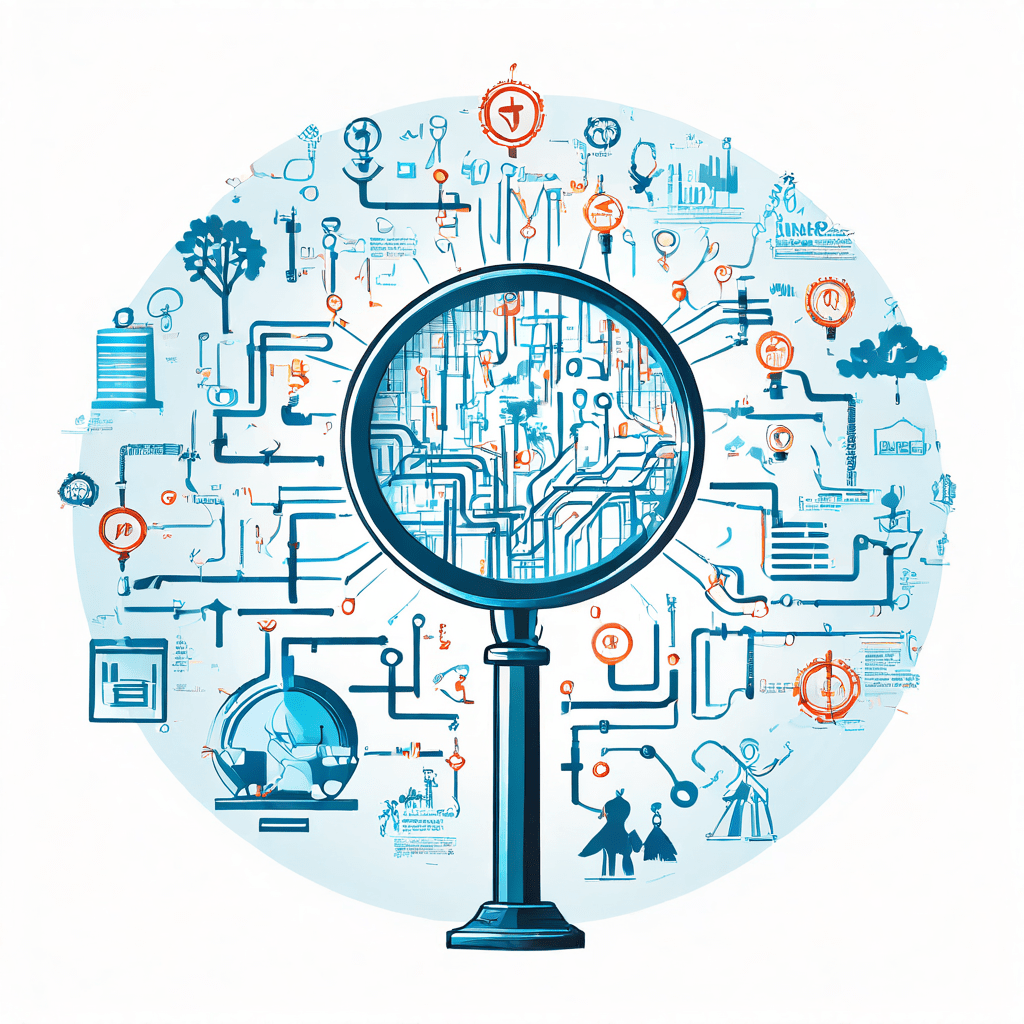 분석적 사고의 과정과 그 해석의 한계를 상징적으로 보여주는 확대경 아래의 복잡한 플로우차트와 의문점이 드러나는 이미지