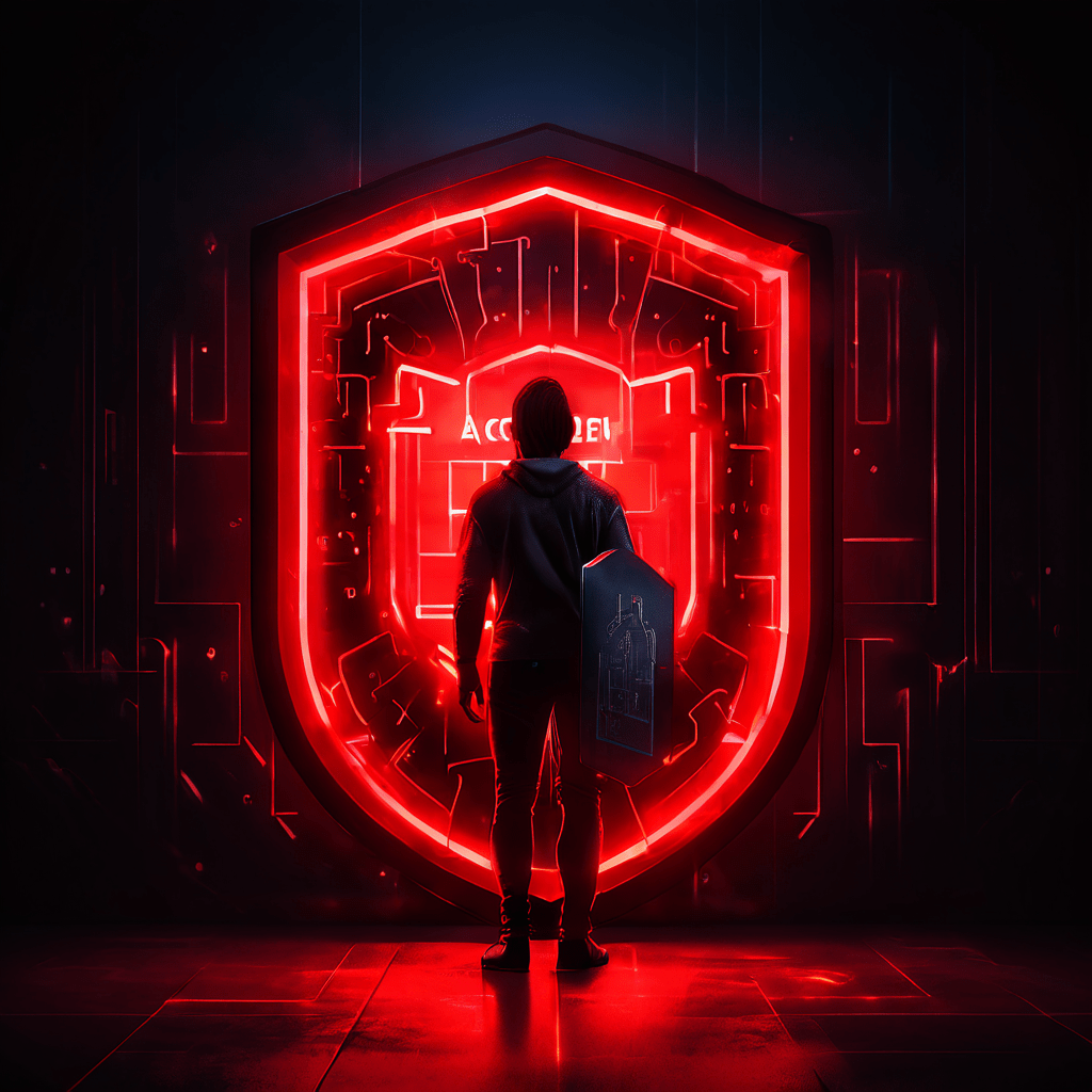 사용자가 로그인 화면에서 접근이 차단되어 개인 데이터를 보호하는 빨간색 '접근 거부' 방패를 마주한 상황을 표현한 이미지입니다.