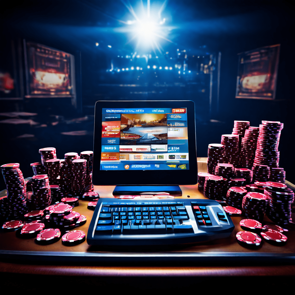 A documentary-style photograph of a casino table with blurred green felt, a stack of poker chips, and a laptop with a dark blank s