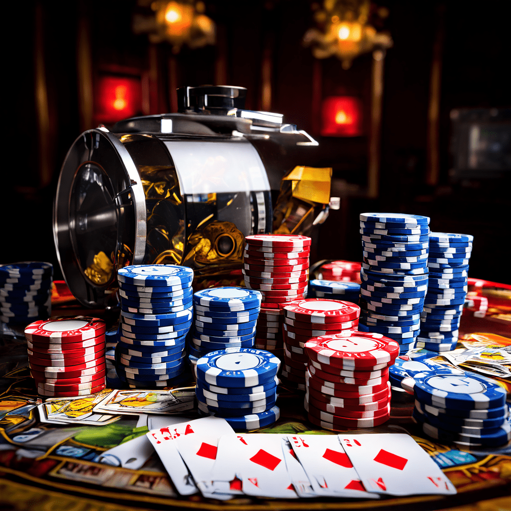 Documentary style photograph of a roulette table with scattered chips and a single winning chip on number seven, a blurred hand re