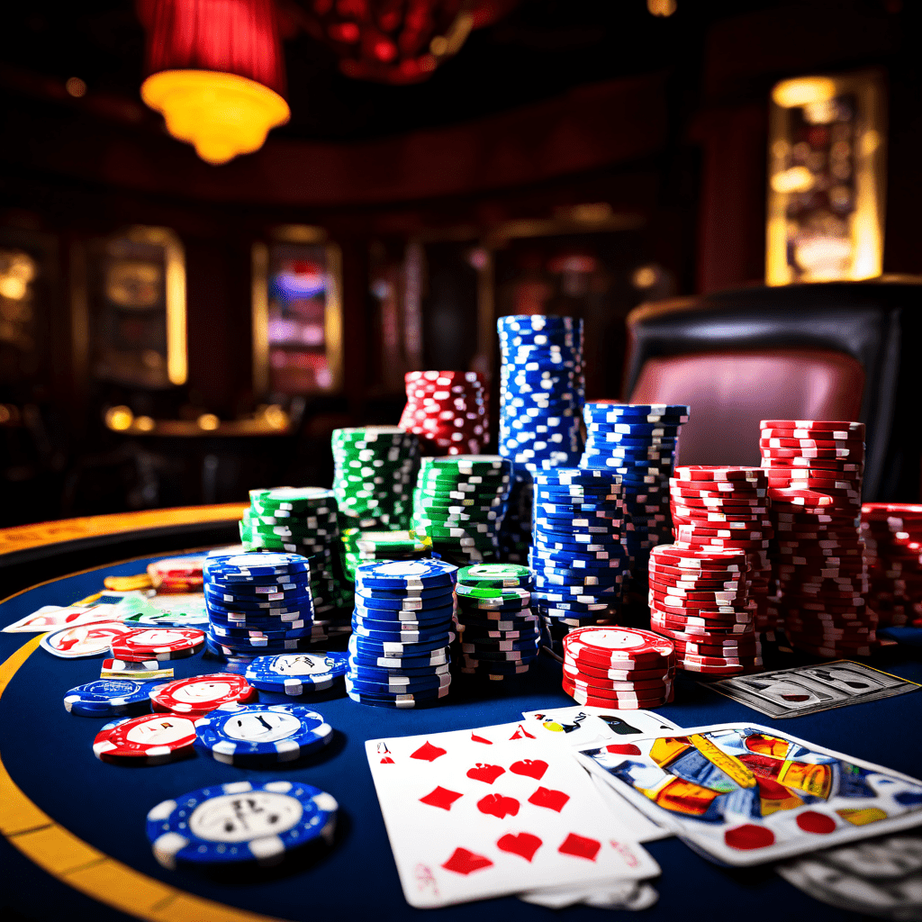 A documentary-style editorial photograph showing a casino felt table with scattered playing cards and poker chips, while a blurred