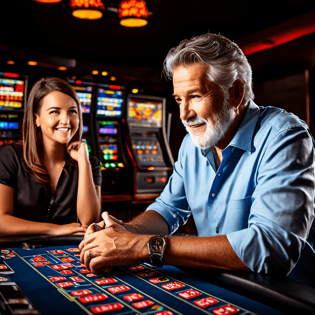 A middle-aged man and a young woman sit at a casino table, the man holding a poker chip with a cautious, furrowed brow while the w