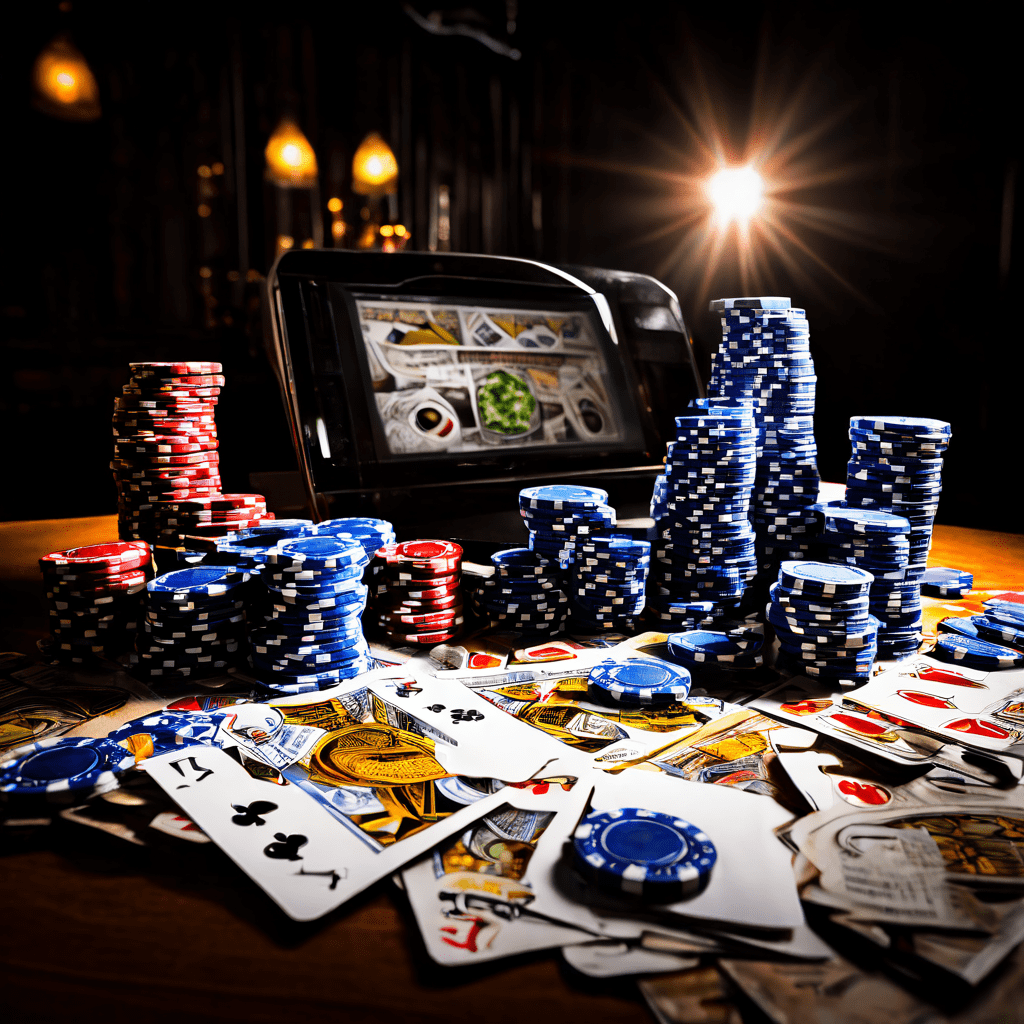 A photorealistic editorial shot shows a blurred casino felt table in the foreground with scattered poker chips and playing cards, 