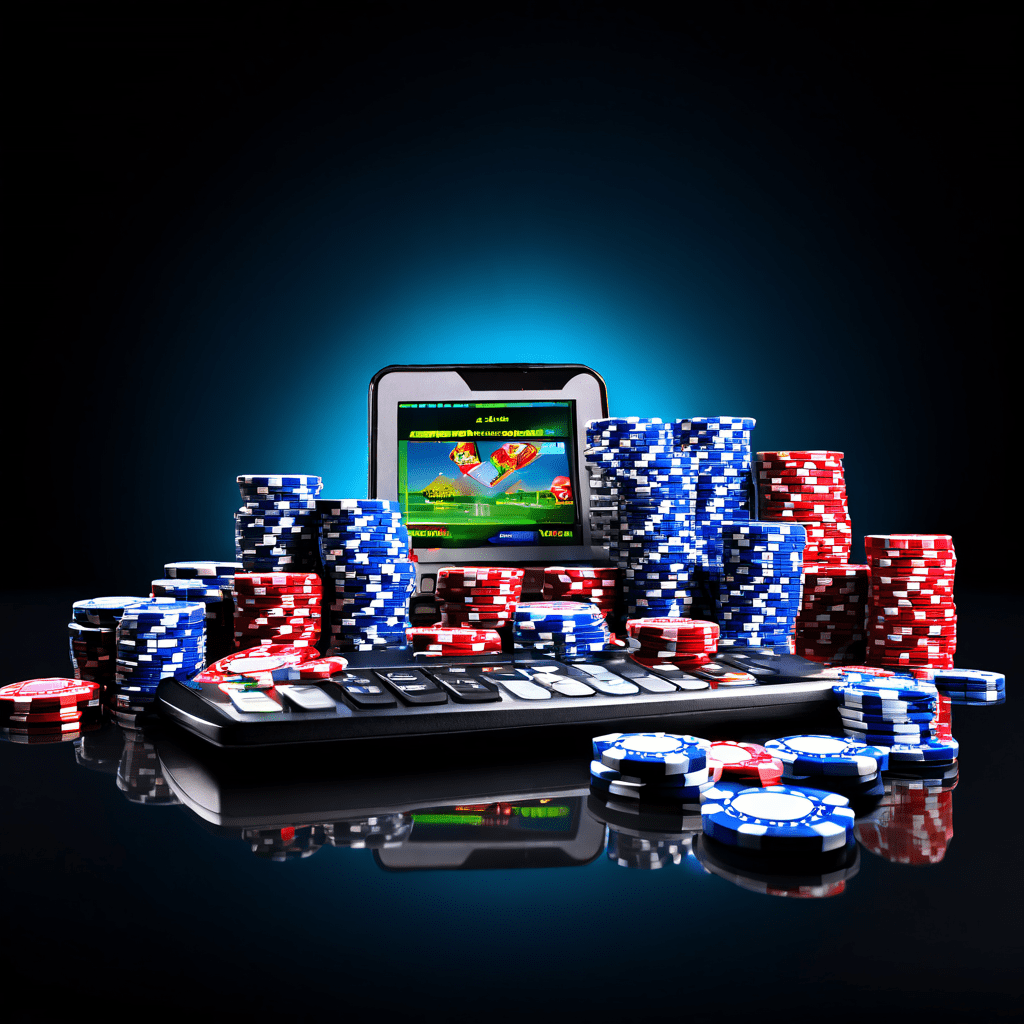 Digital audiences engage with gambling-themed content on a laptop in a dimly lit room, with blurred casino chips and cards on a gr