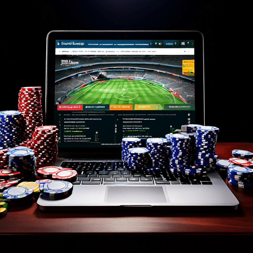 A documentary-style photograph showing a gambling table with a laptop placed beside a stack of poker chips and playing cards, the 