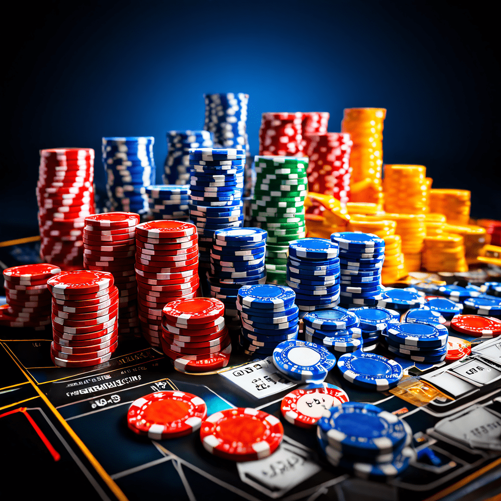 A photorealistic editorial photograph of a casino table with a blurred background, featuring a dealer's hands handling chips and c