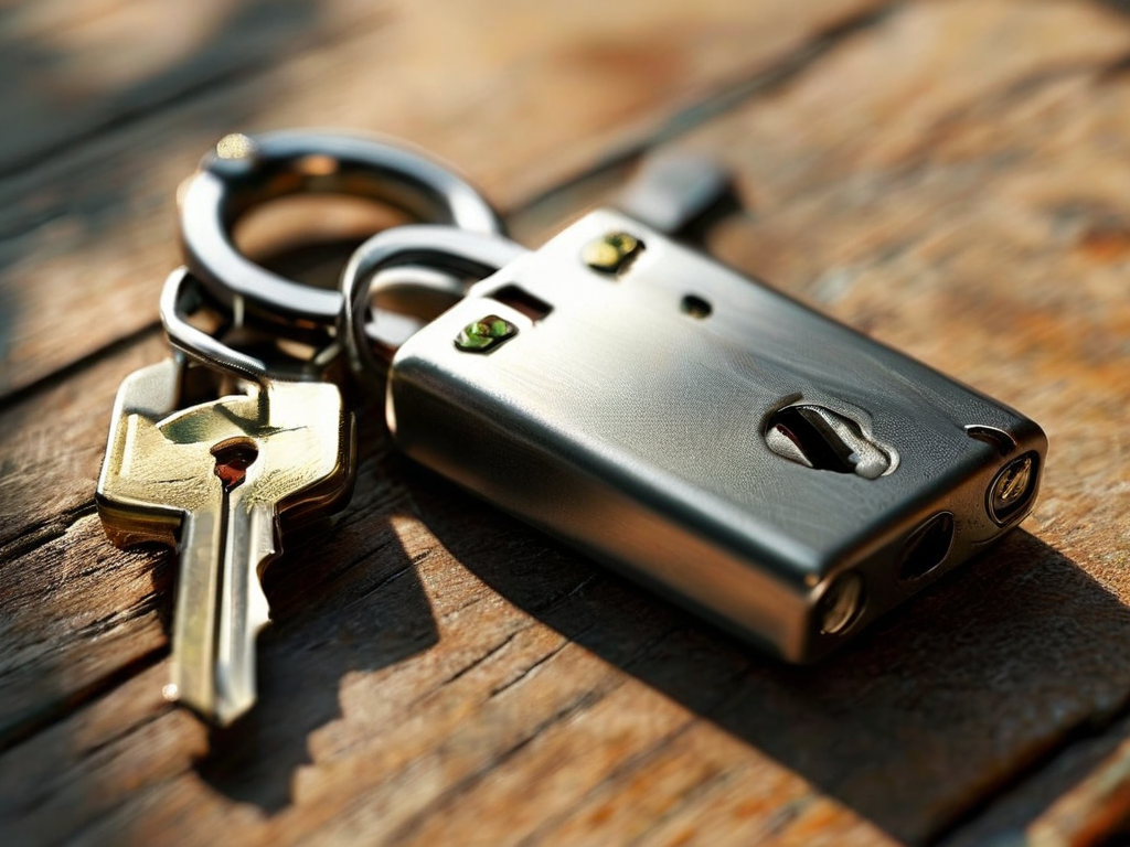 Small metal lock, closed key case, and blank security card arranged on brushed metal surface for account safety preparation.