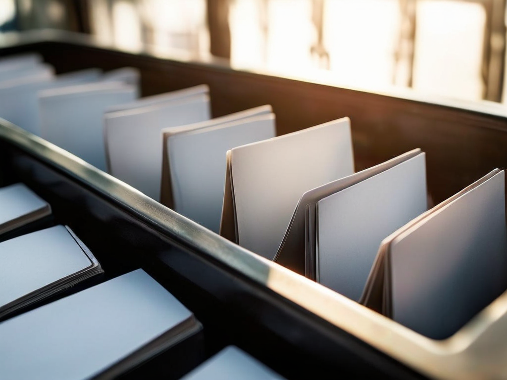 Blank date divider cards organized in a metal tray on a brushed surface, morning light highlighting upcoming deadlines.