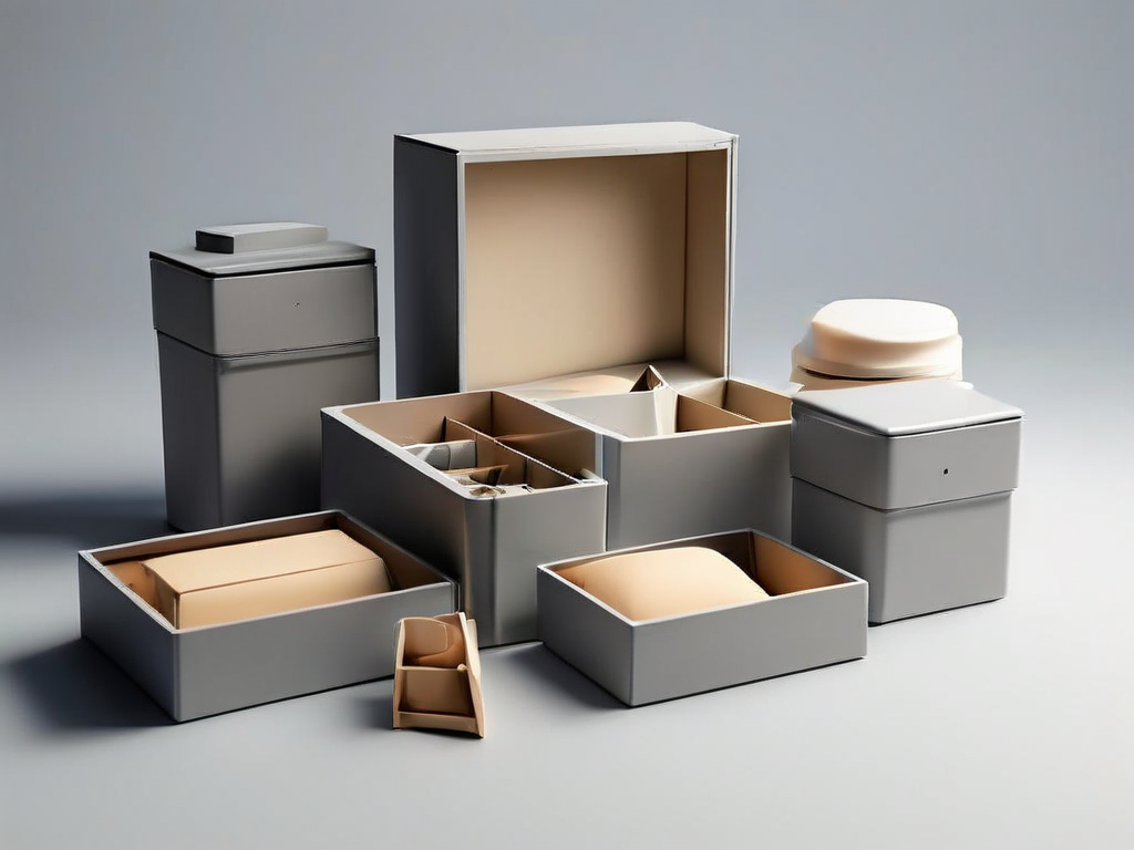 Small archive boxes and blank compartment inserts on a matte gray surface, symbolizing practical information grouping for a...