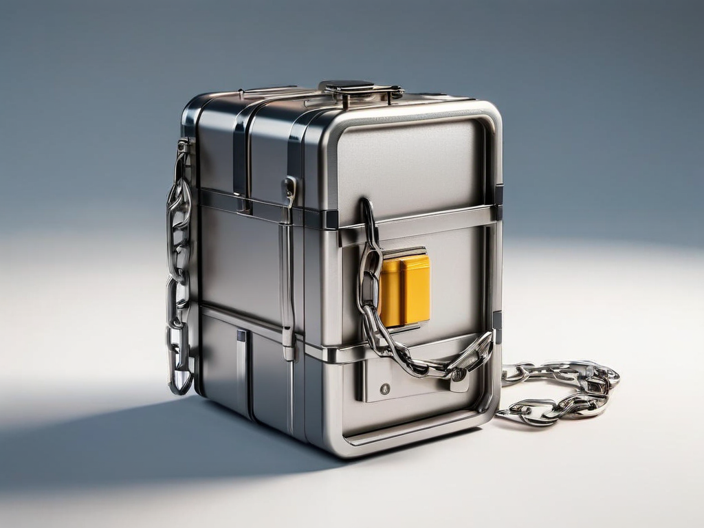 A sealed metal case with a short chain and stacked blocks on a brushed surface, representing secure file backup locations.