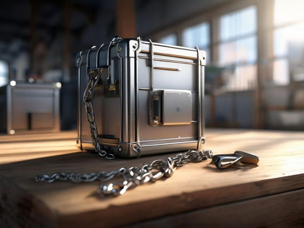 A sealed metal storage case and a short chain sit on a brushed metal surface, with small blank blocks beside them.