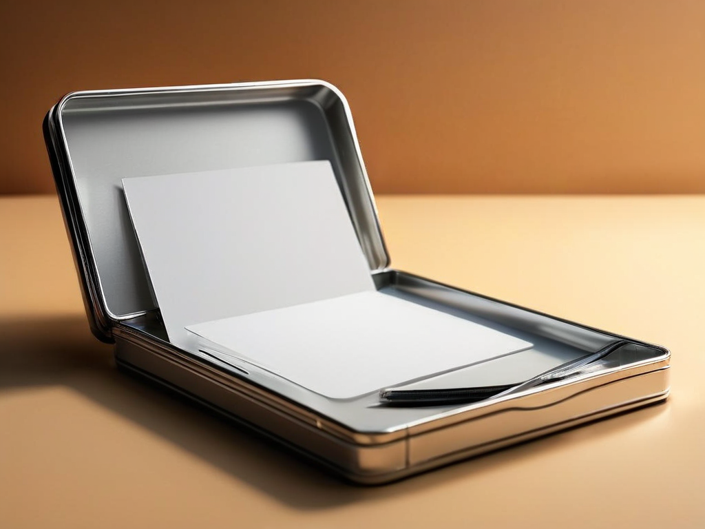 Blank divider cards and a compact storage tray on a brushed metal surface, bathed in angled morning daylight, representing...