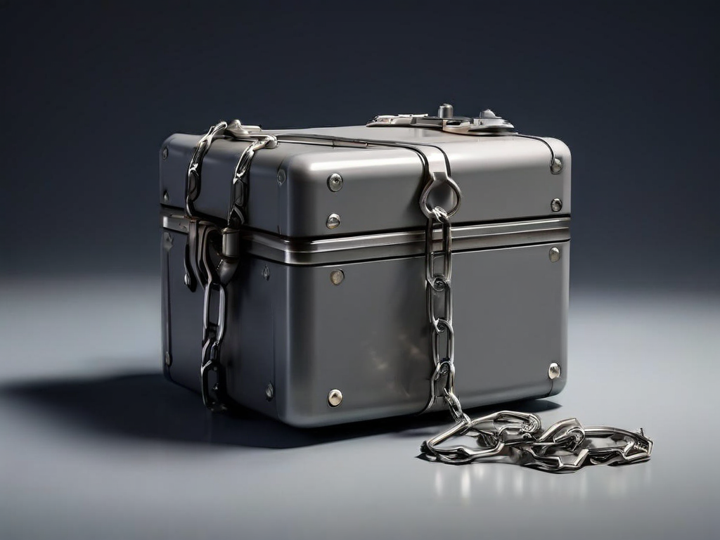 A sealed metal storage case with a short chain and small blocks representing linked file locations on a gray studio surface.