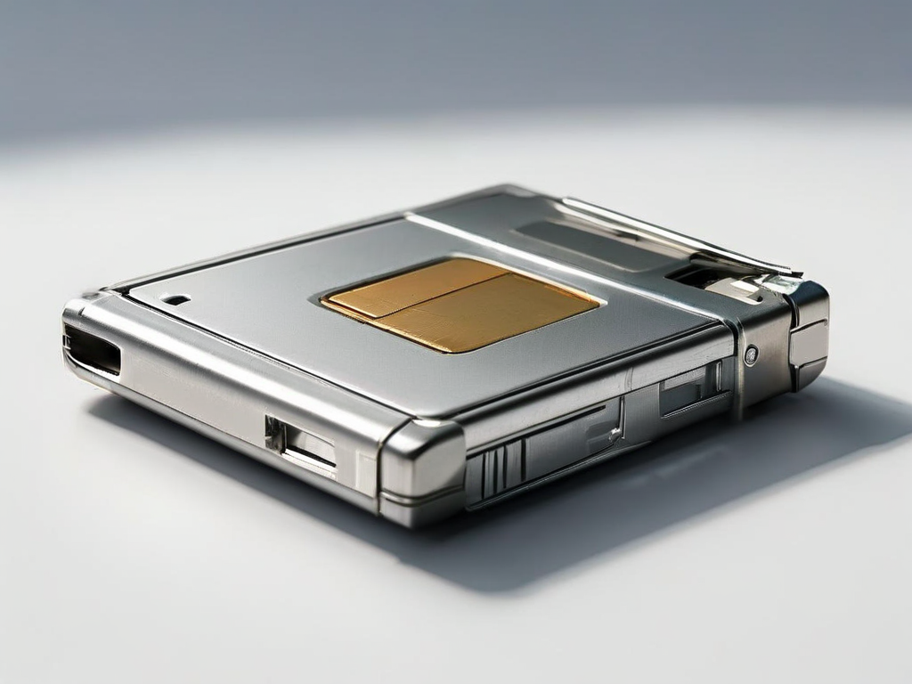 Three blank storage devices on a metal surface: a memory card, an external hard drive, and a photo sleeve, representing archived...