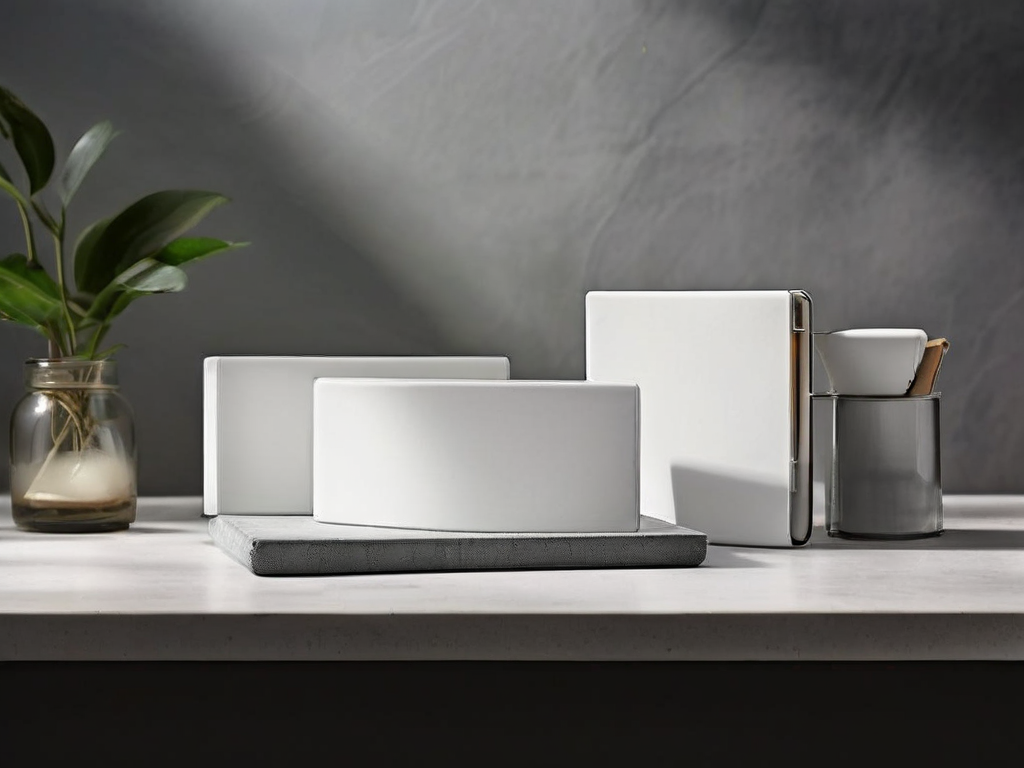 Three blank divider cards with check marks beside a storage tray and archive box on a stone counter.