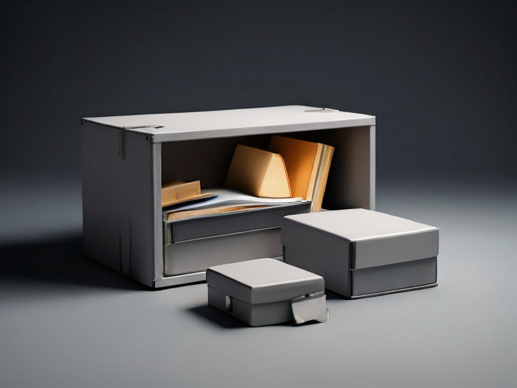 Small archive boxes and blank compartment inserts on a gray studio surface, representing practical information grouping.