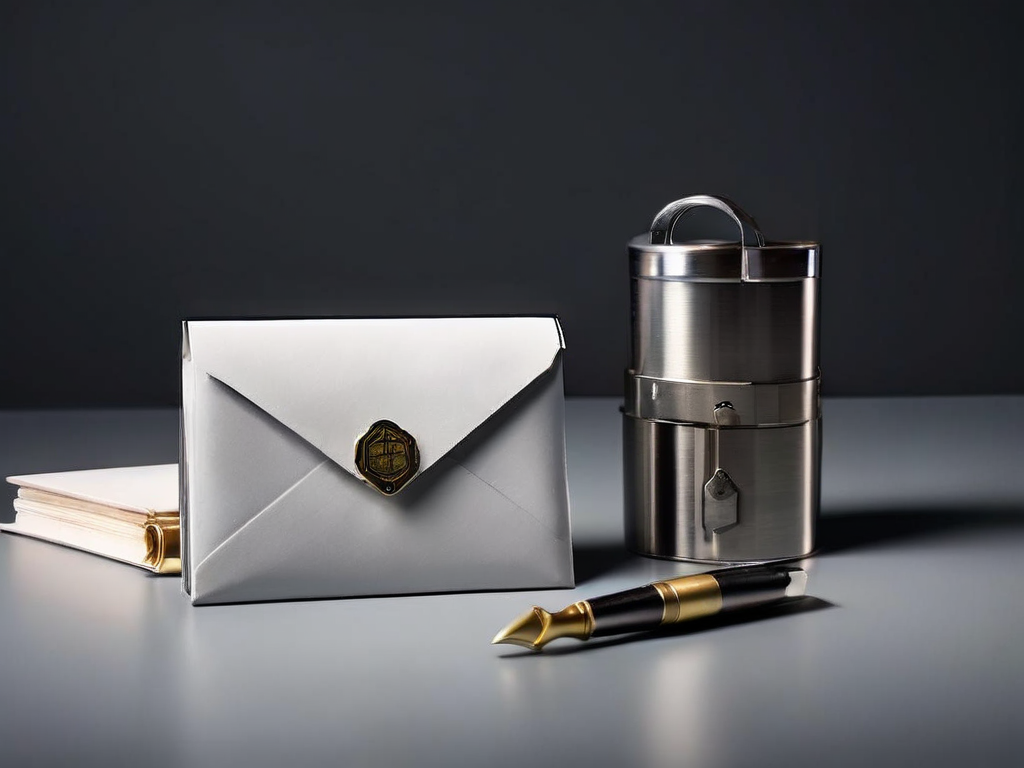 A sealed envelope with fine print rests beside a small padlock and a compact storage block on a matte gray surface, symbolizing...